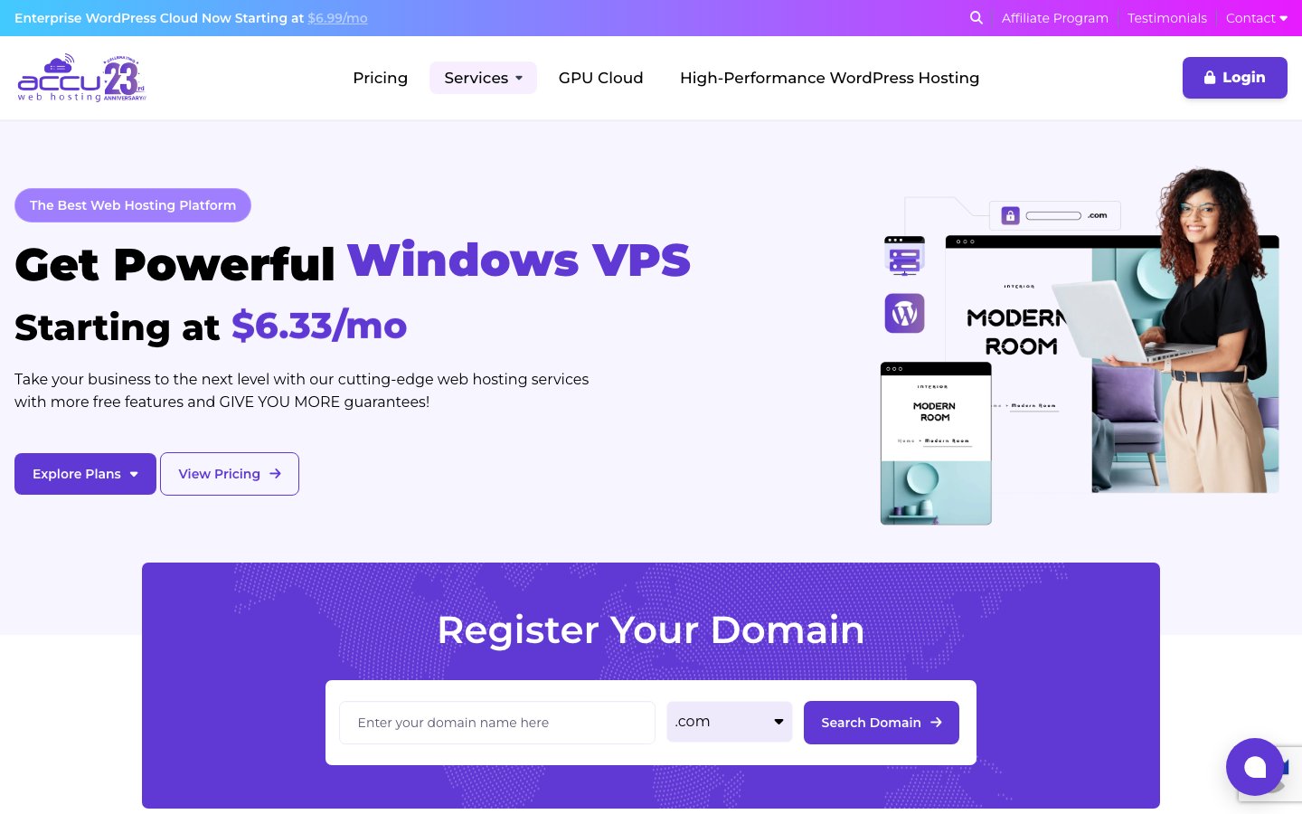 AccuWebHosting public page captured in a desktop browser