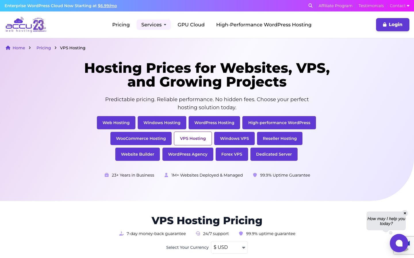 AccuWebHosting public page captured in a desktop browser