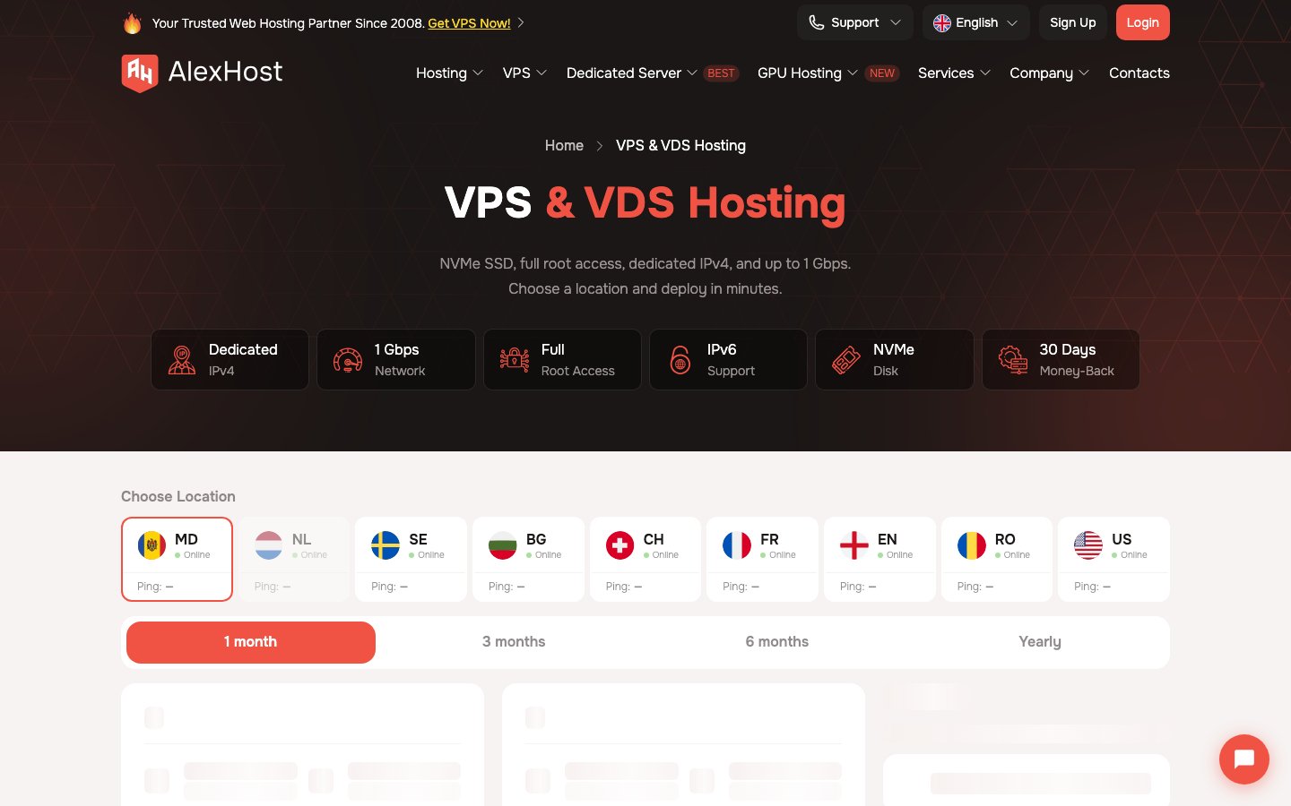 Alexhost public page captured in a desktop browser