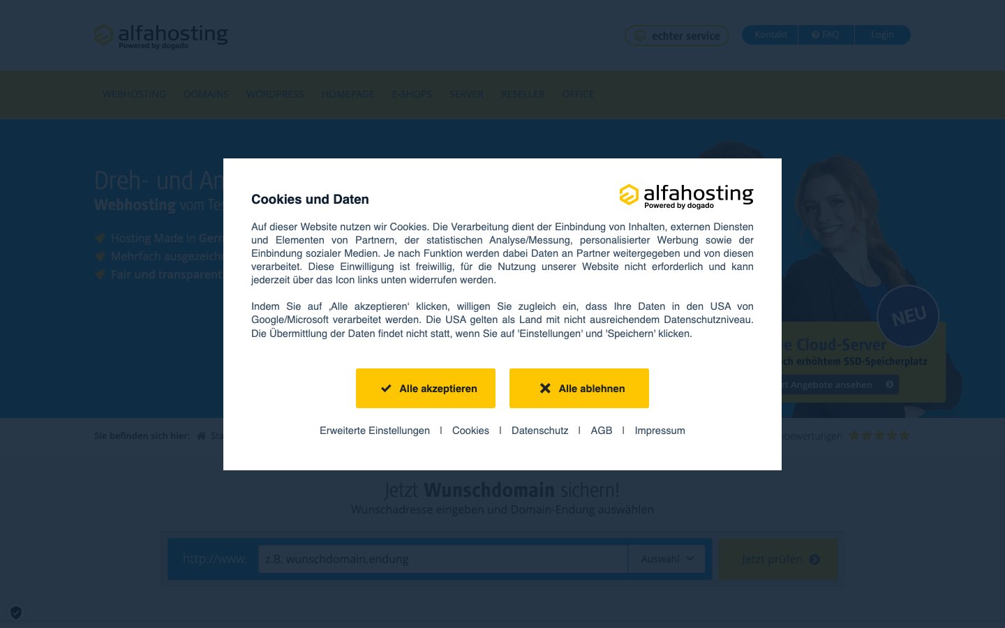 Alfahosting GmbH public page captured in a desktop browser