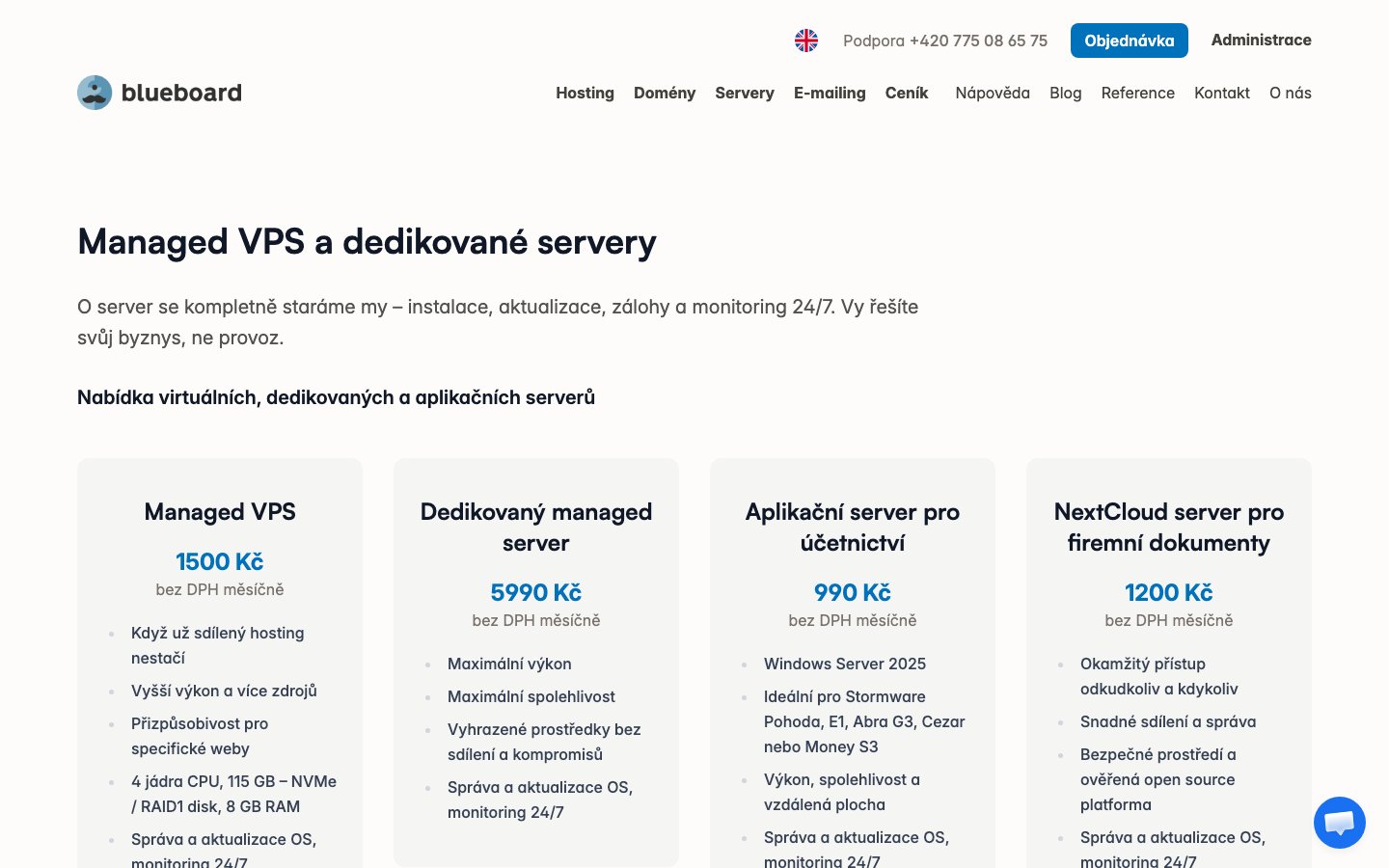 Blueboard.CZ Webhosting public page captured in a desktop browser