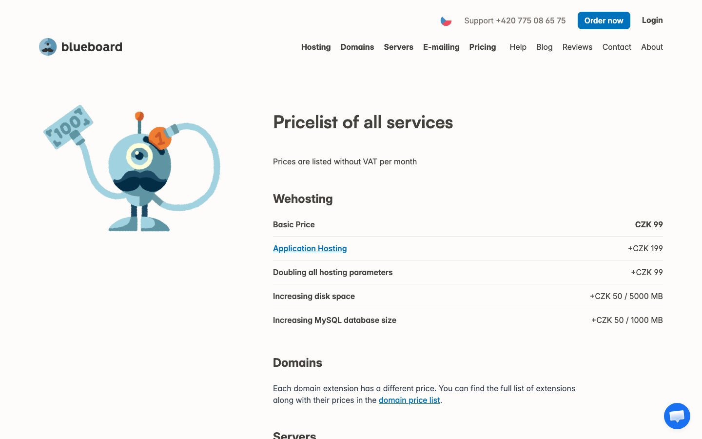 Blueboard.CZ Webhosting public page captured in a desktop browser