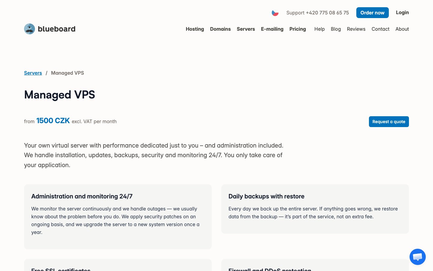Blueboard.CZ Webhosting public page captured in a desktop browser