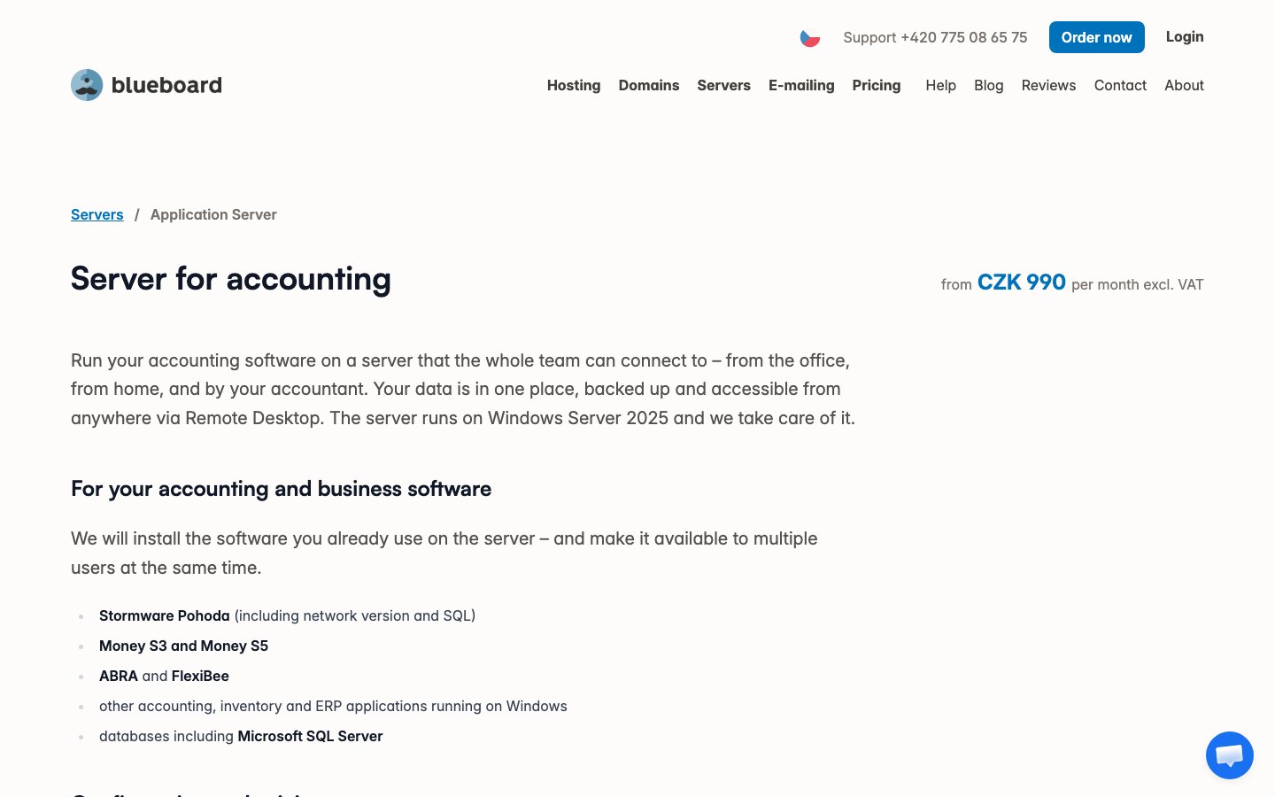 Blueboard.CZ Webhosting public page captured in a desktop browser
