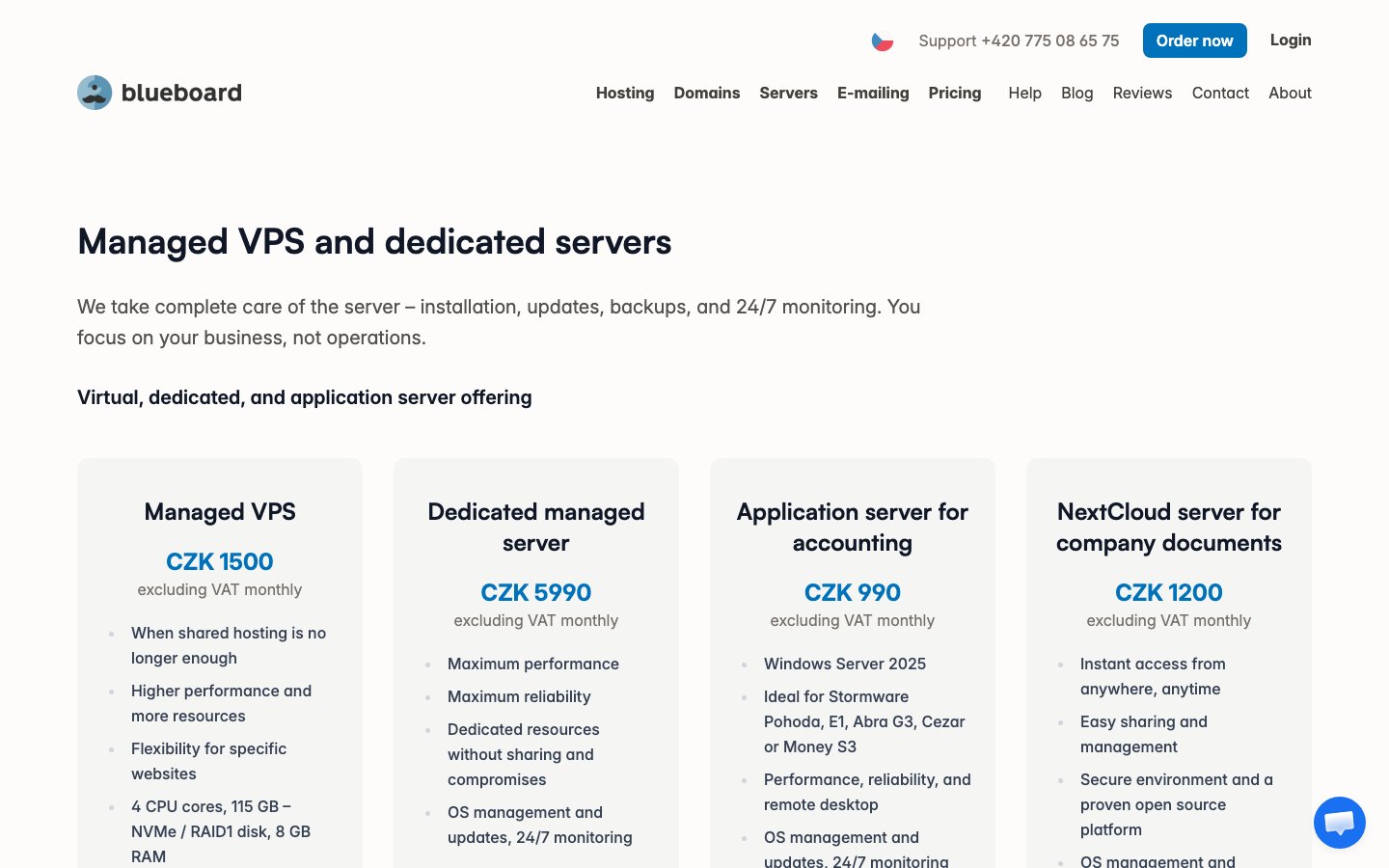 Blueboard.CZ Webhosting public page captured in a desktop browser
