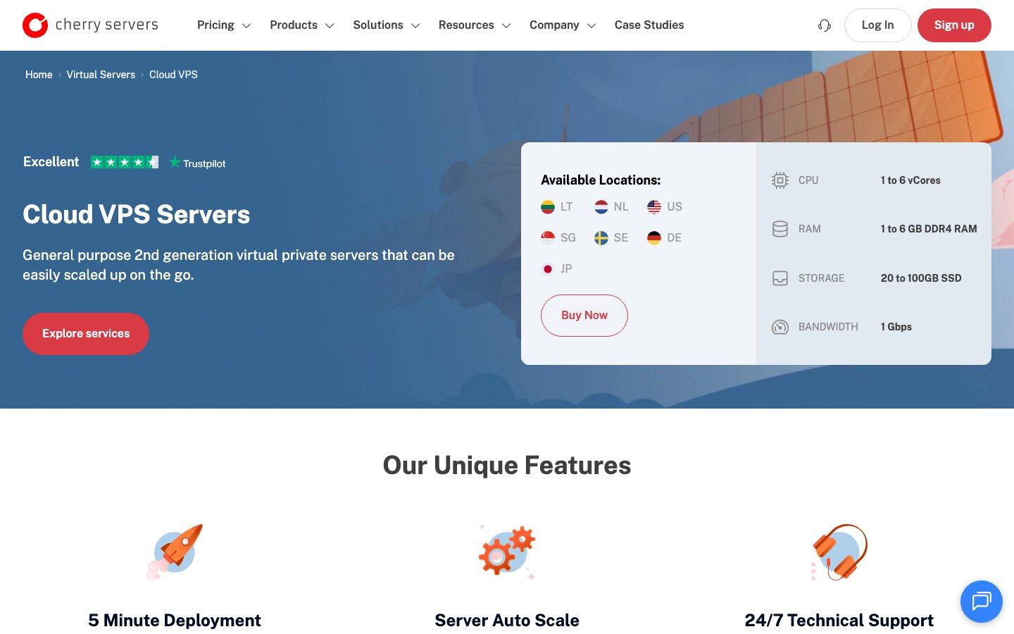 CherryServers public page captured in a desktop browser