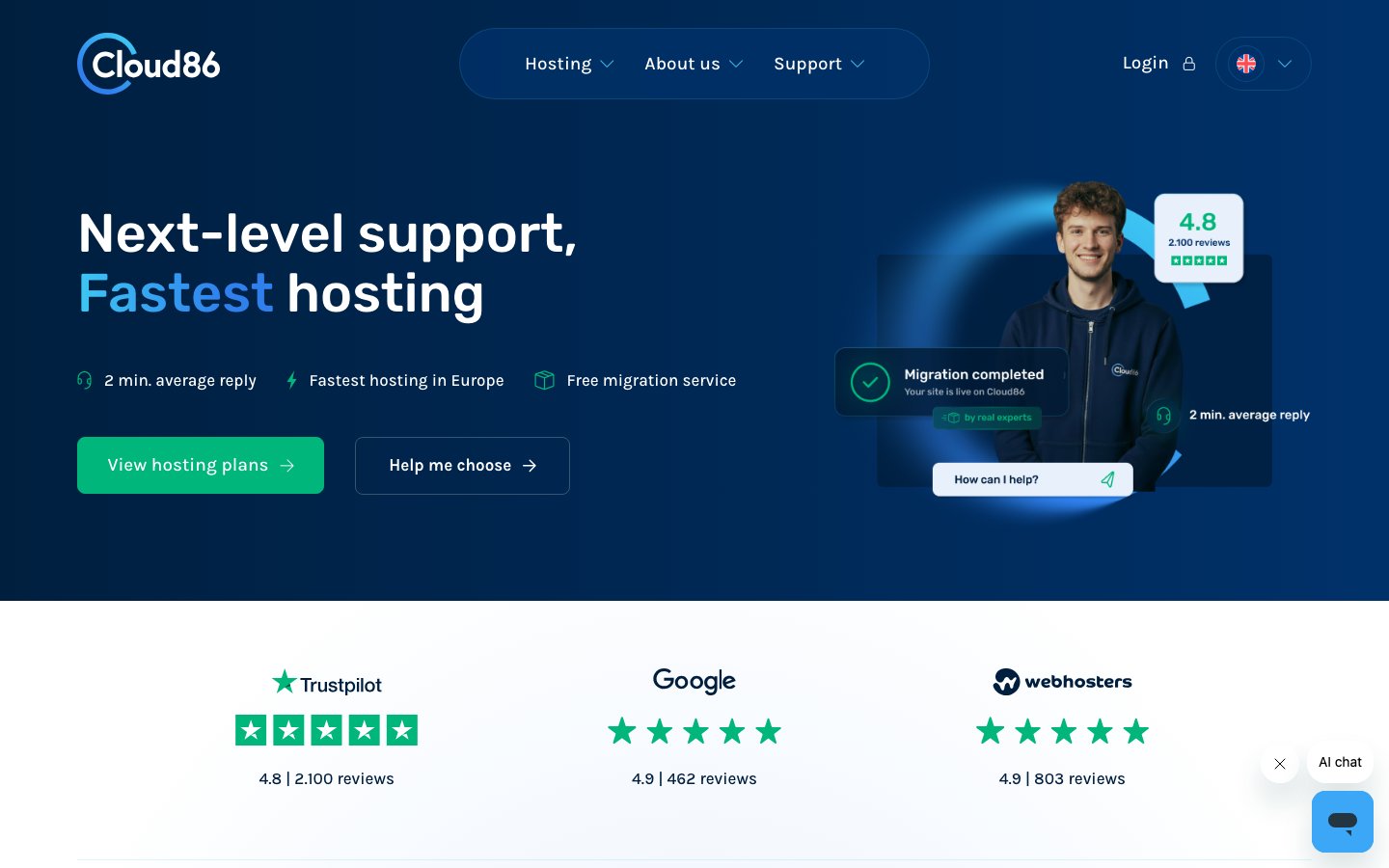 Cloud86 public page captured in a desktop browser