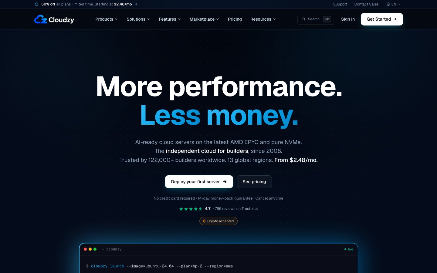 Cloudzy public page captured in a desktop browser