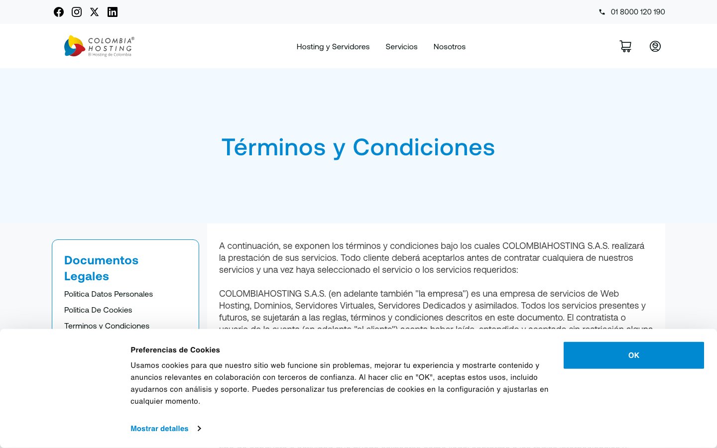 Colombia Hosting public page captured in a desktop browser