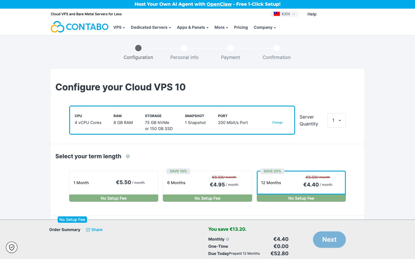 Contabo public page captured in a desktop browser