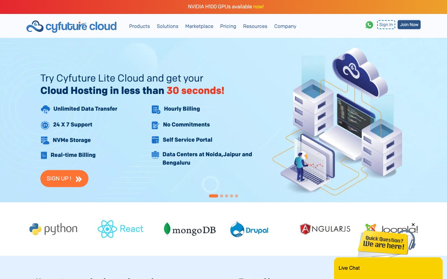 Cyfuture Cloud public page captured in a desktop browser