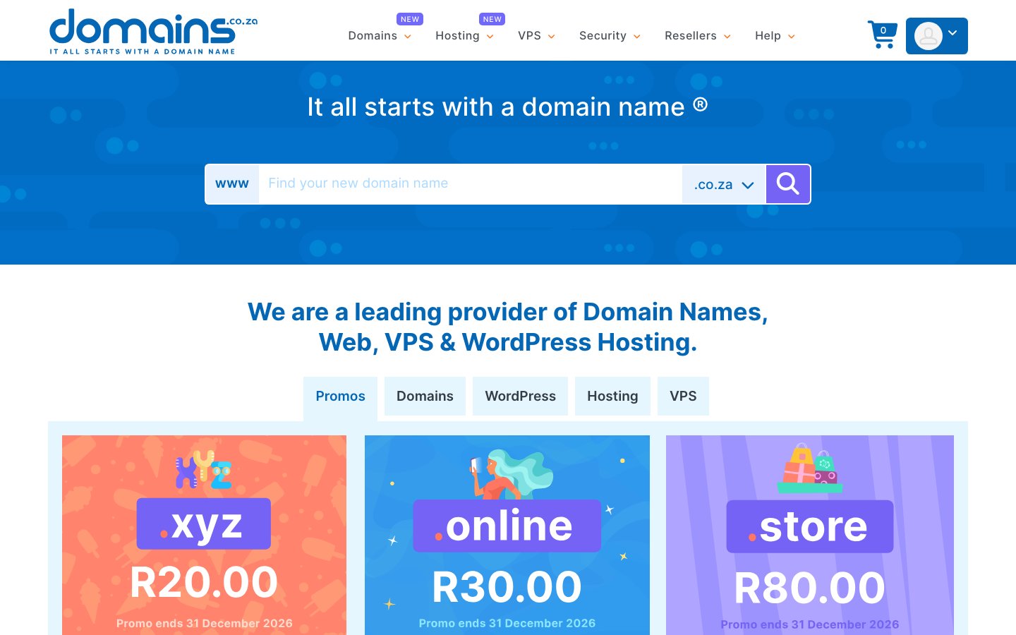 Domains.co.za public page captured in a desktop browser