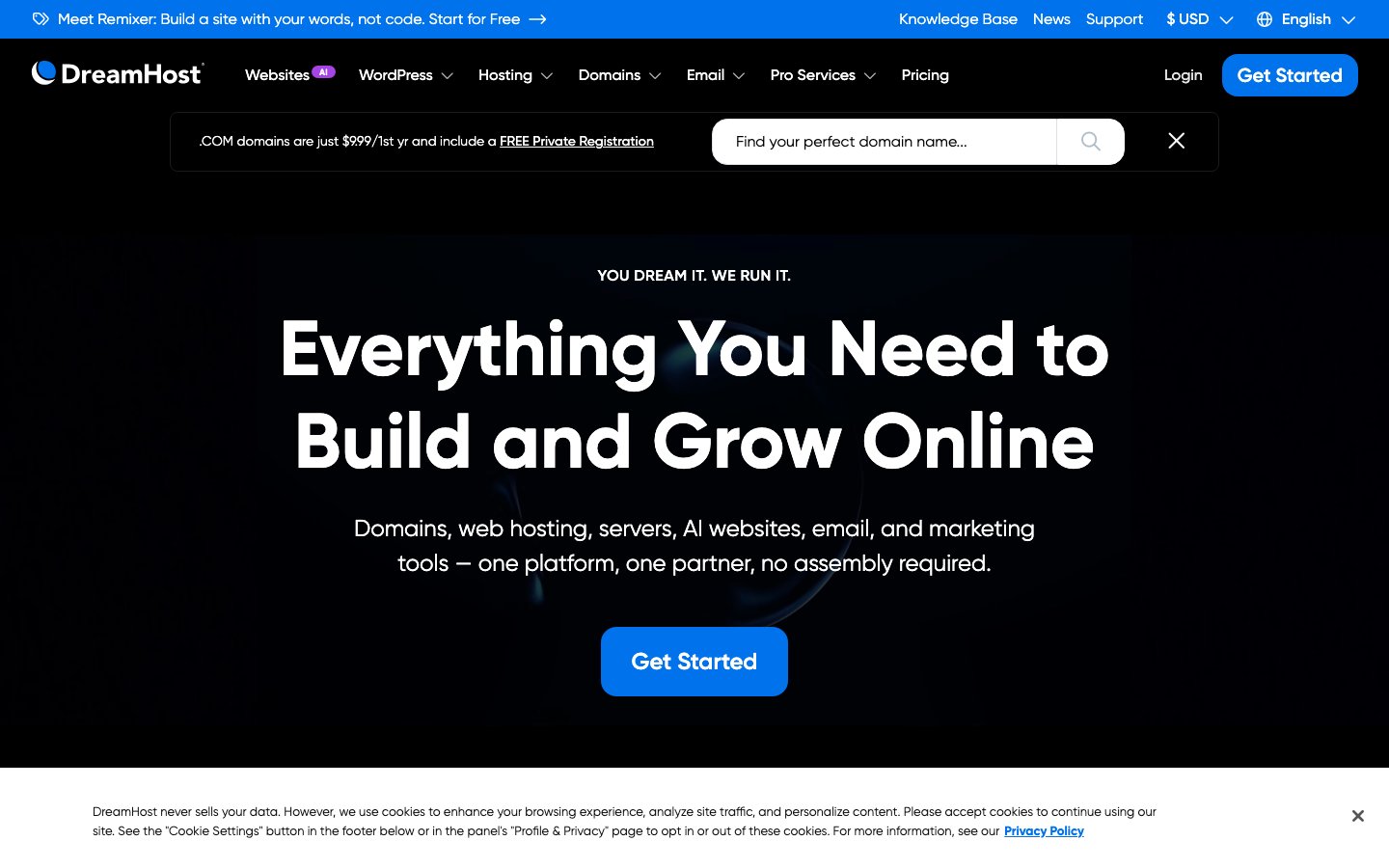 DreamHost public page captured in a desktop browser