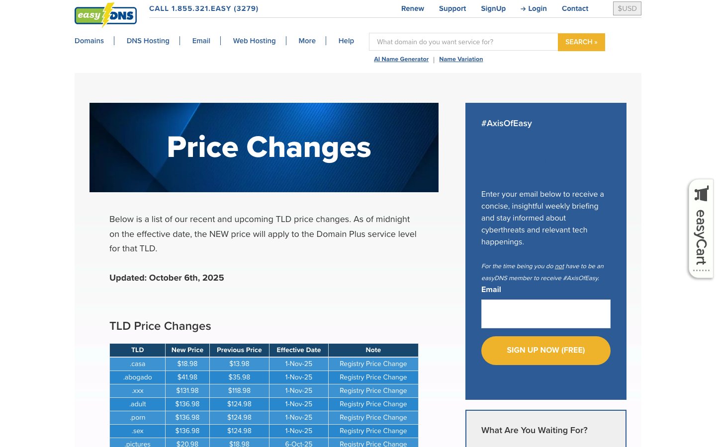 easy DNS public page captured in a desktop browser