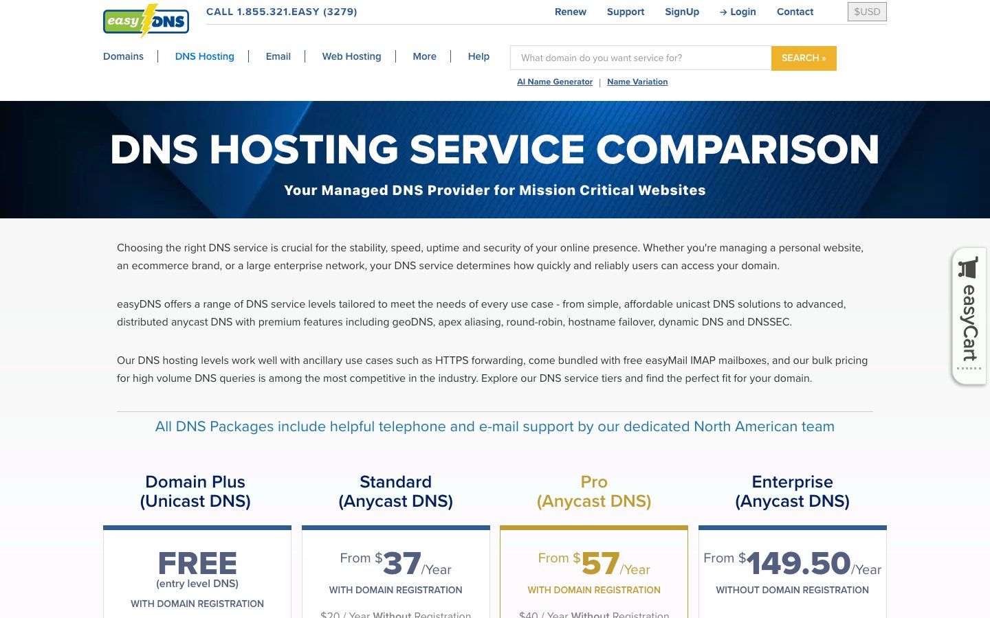 easy DNS public page captured in a desktop browser