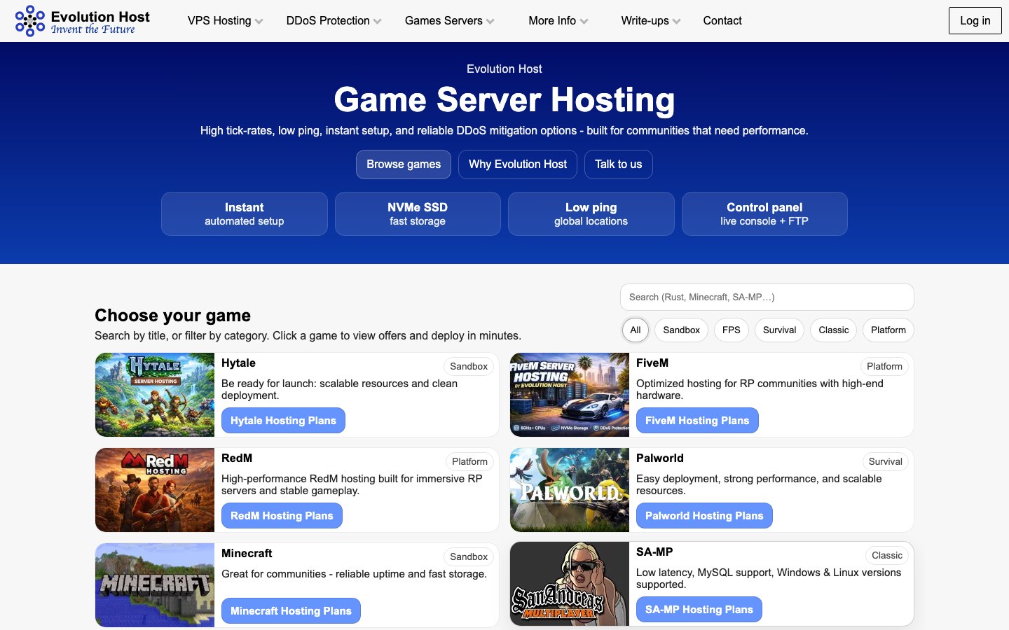 Evolution Host public page captured in a desktop browser