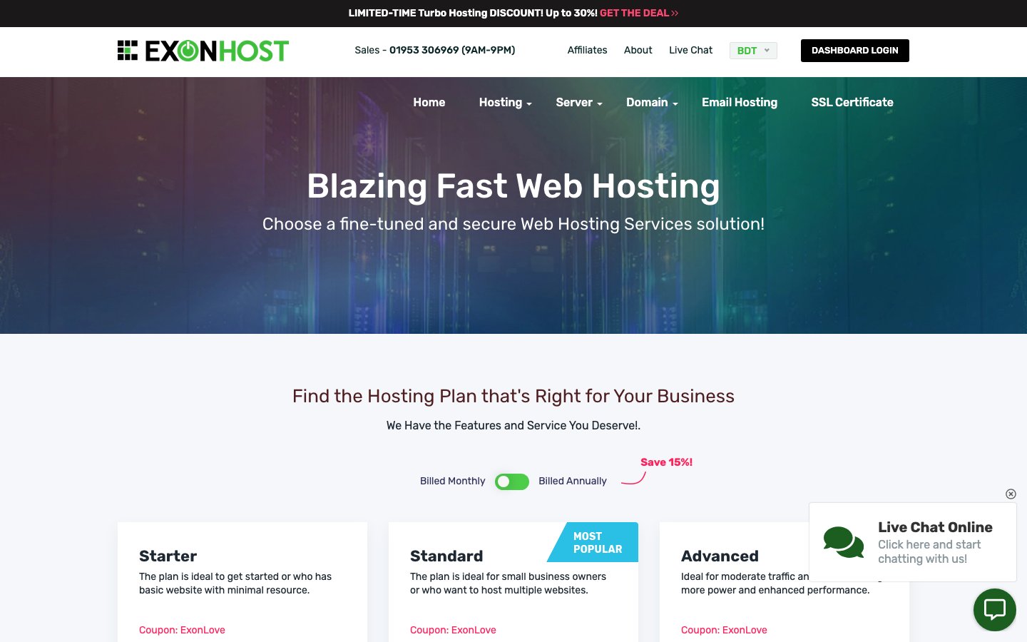 ExonHost public page captured in a desktop browser