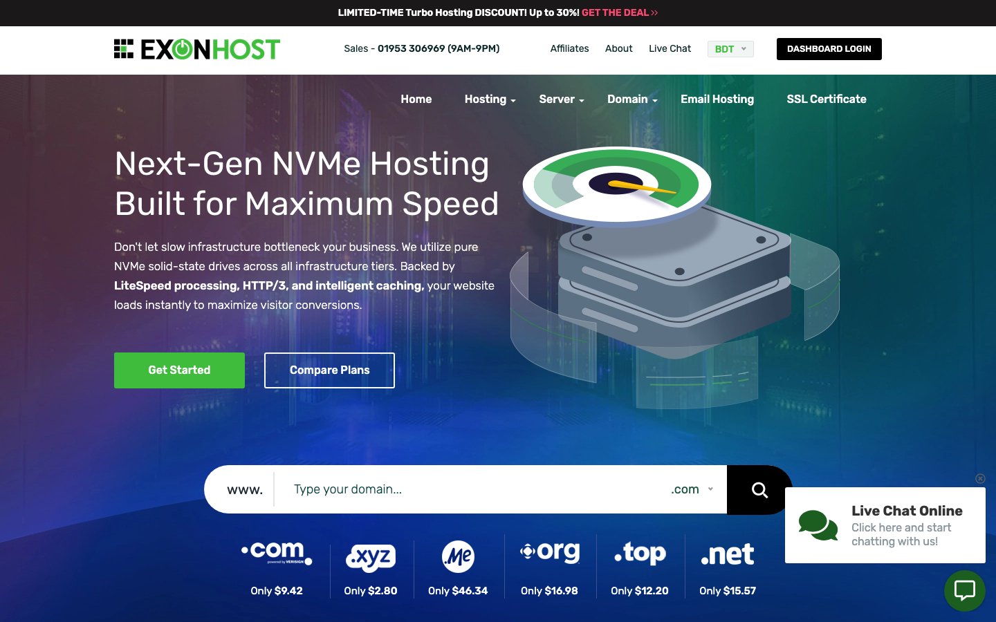 ExonHost public page captured in a desktop browser