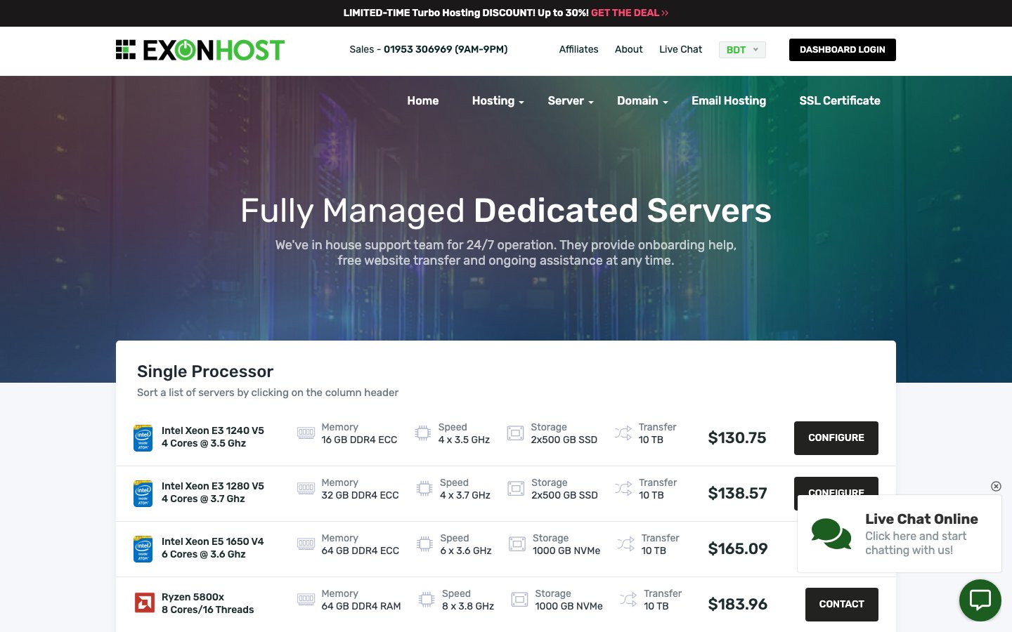 ExonHost public page captured in a desktop browser