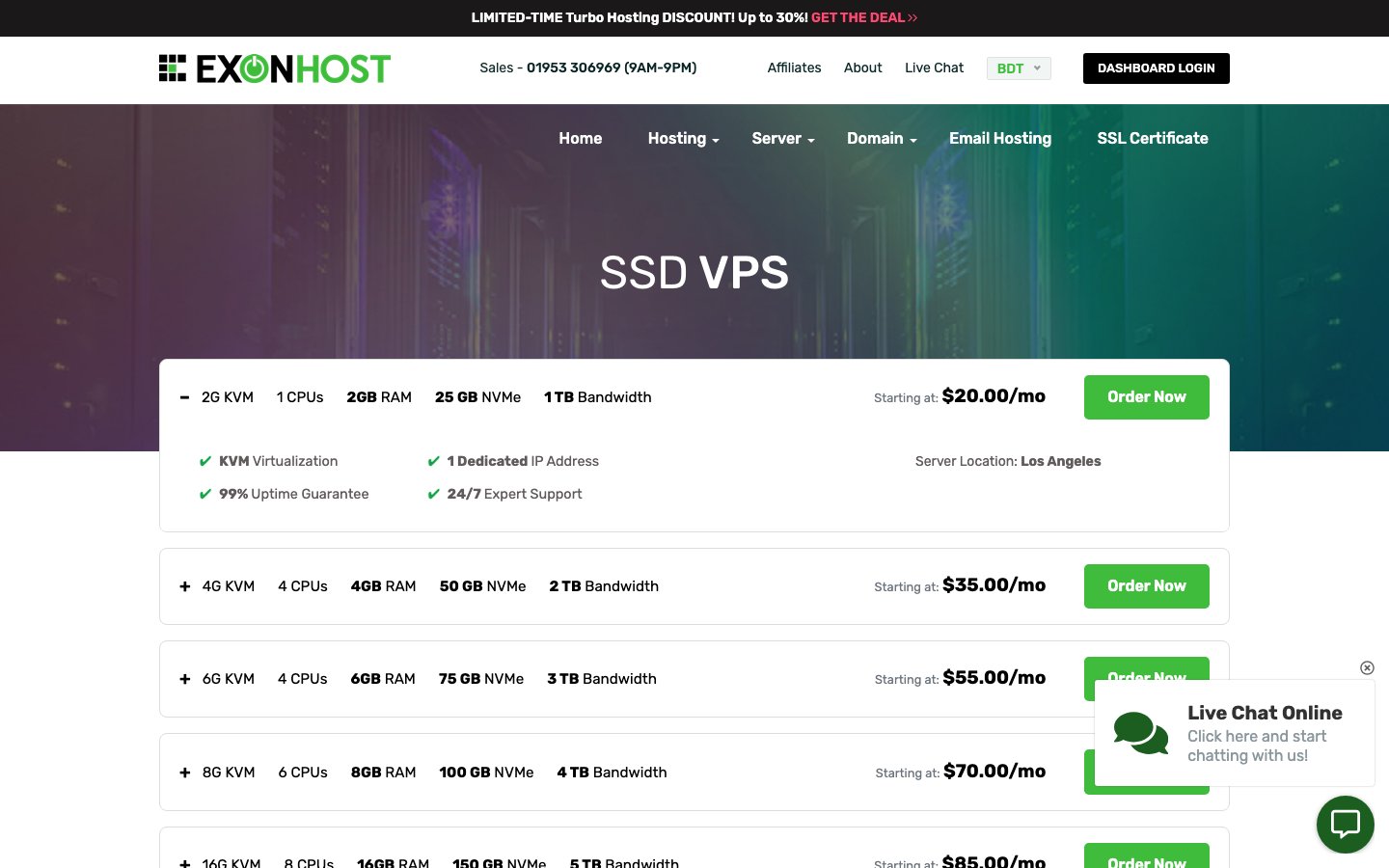 ExonHost public page captured in a desktop browser