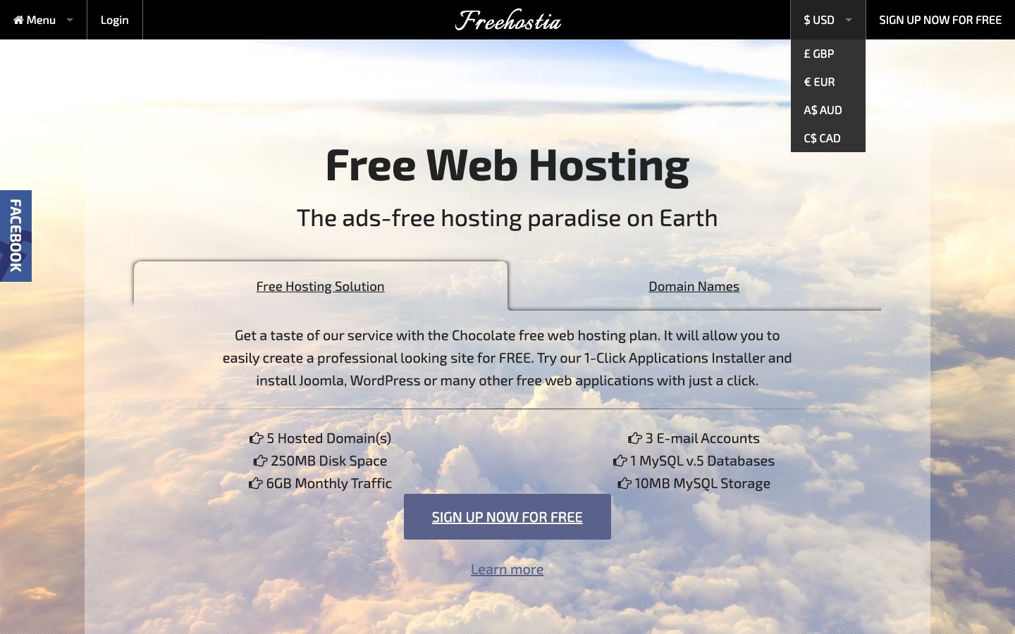 Freehostia public page captured in a desktop browser