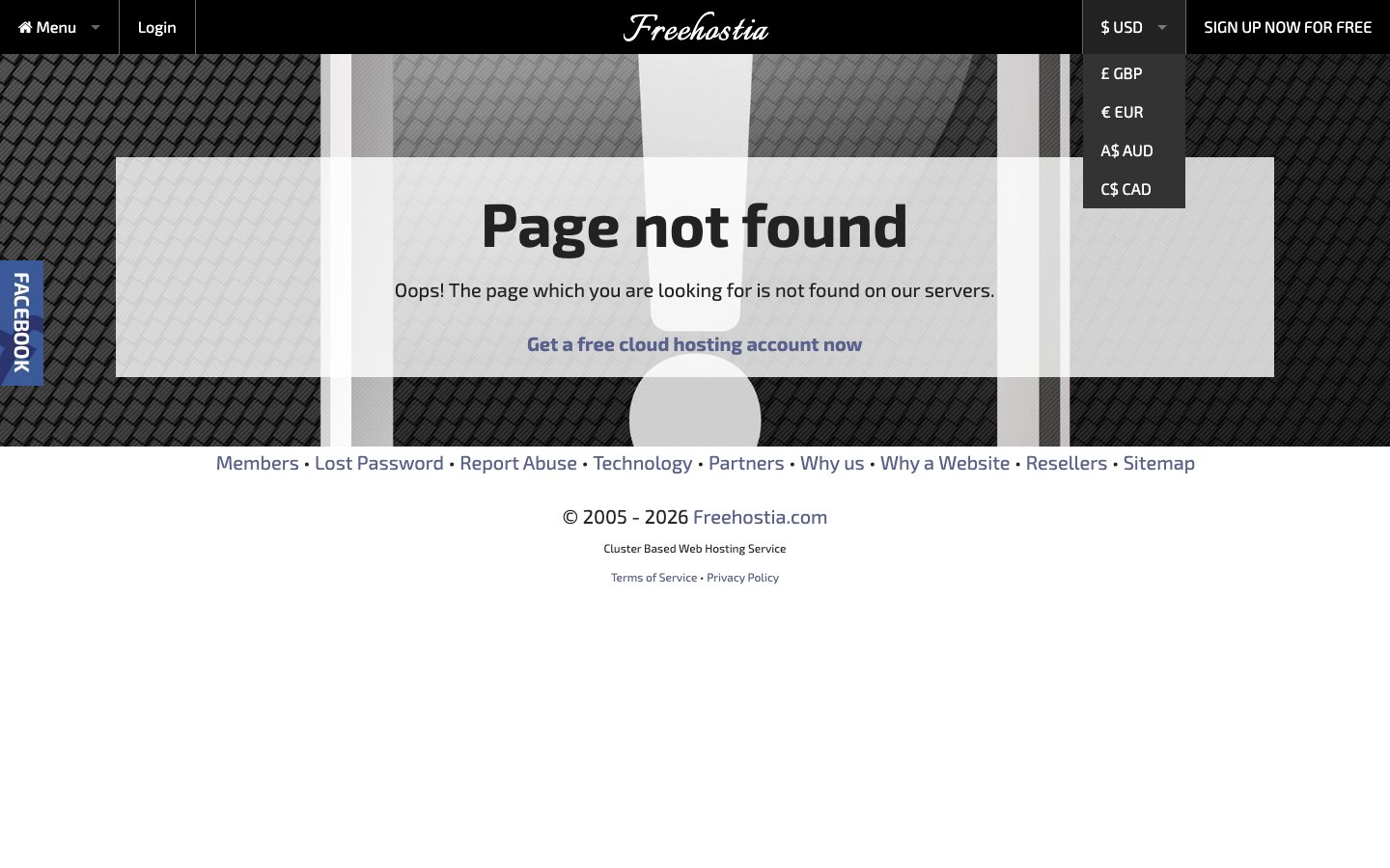 Freehostia public page captured in a desktop browser