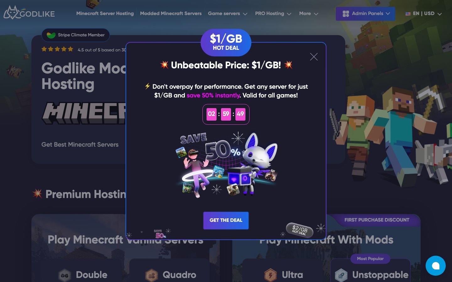 Godlike host public page captured in a desktop browser