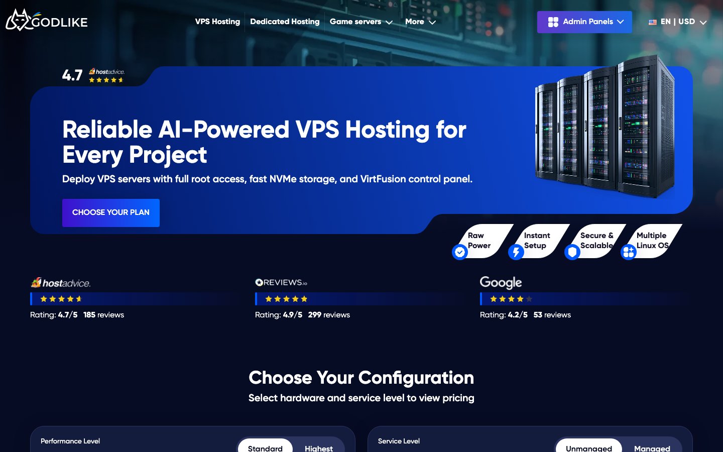 Godlike host public page captured in a desktop browser