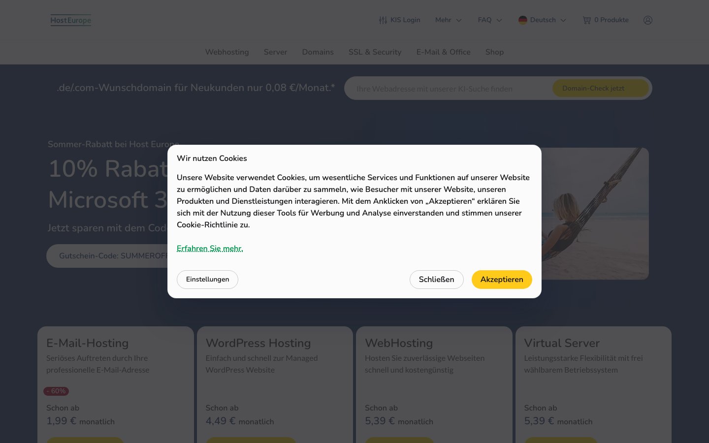 Host Europe public page captured in a desktop browser