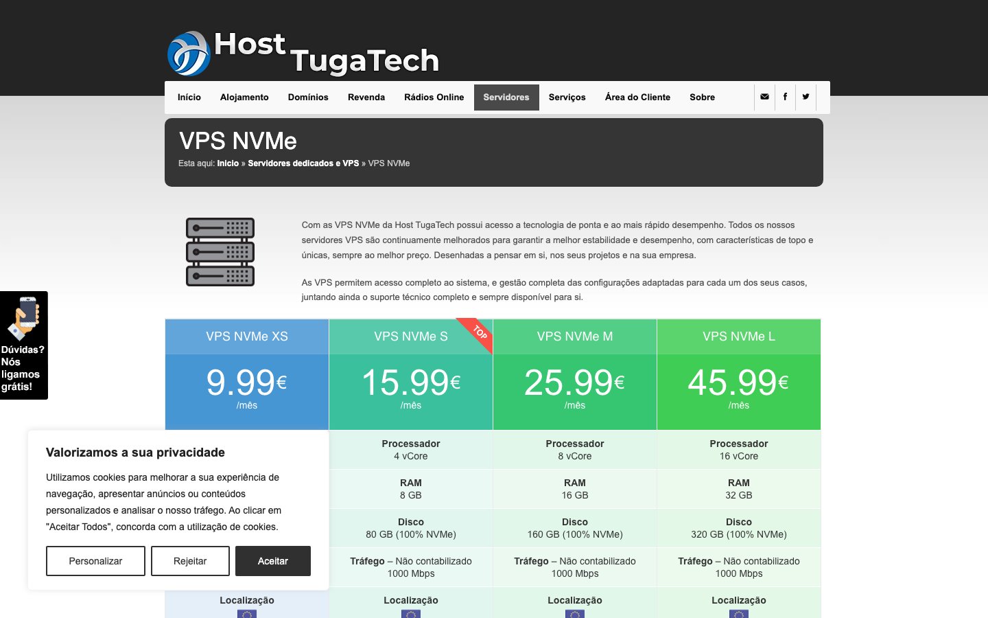 Host TugaTech public page captured in a desktop browser