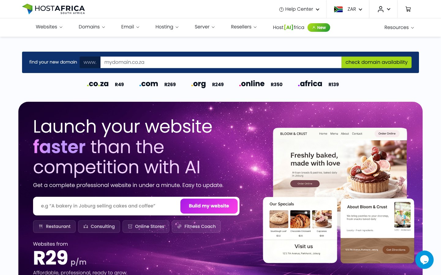 HOSTAFRICA public page captured in a desktop browser