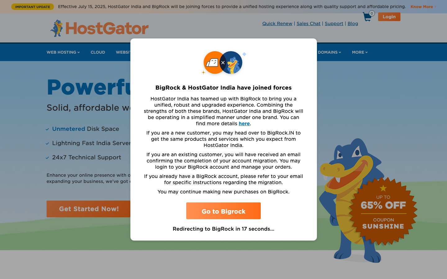HostGator.in public page captured in a desktop browser
