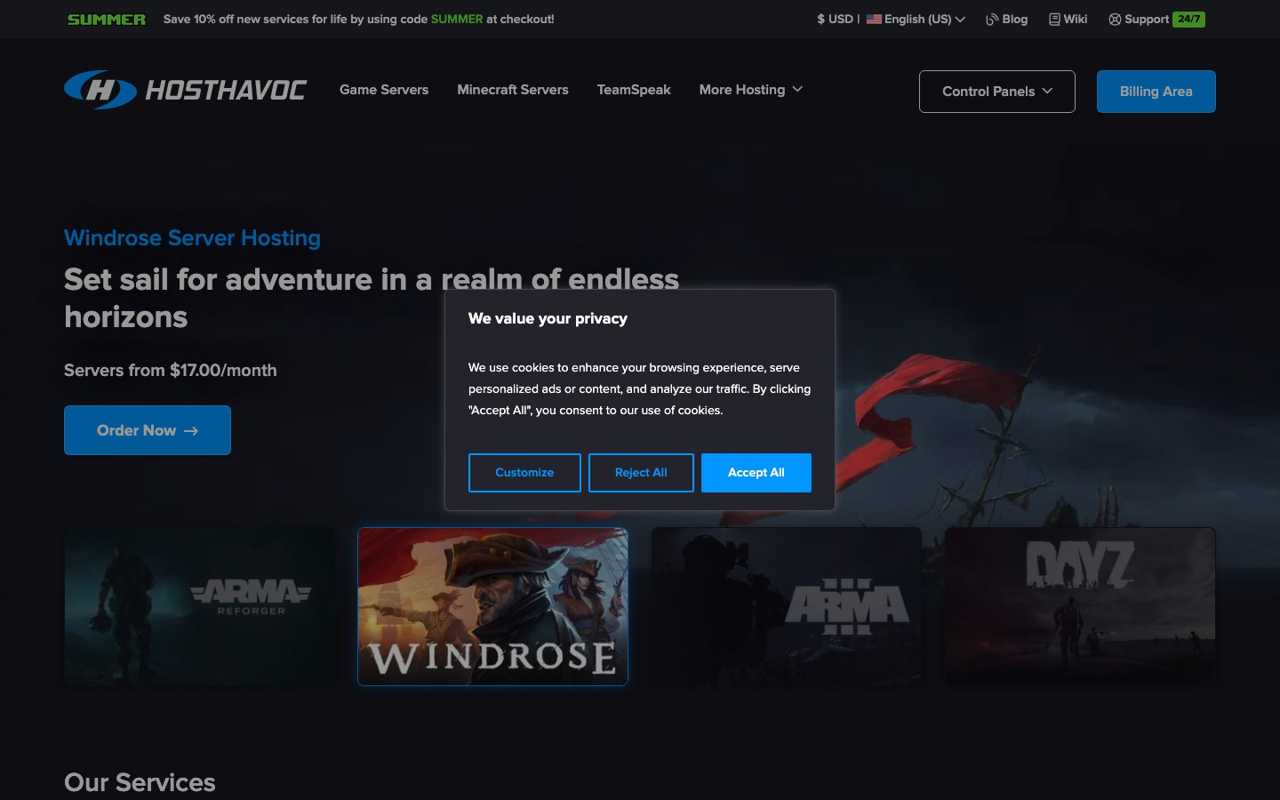 HostHavoc public page captured in a desktop browser