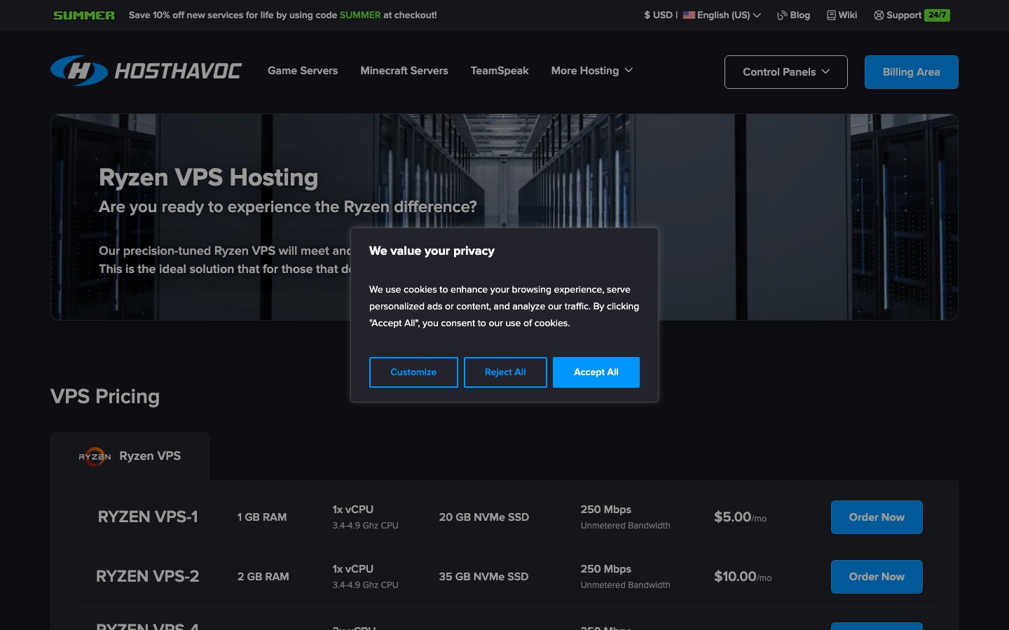 HostHavoc public page captured in a desktop browser