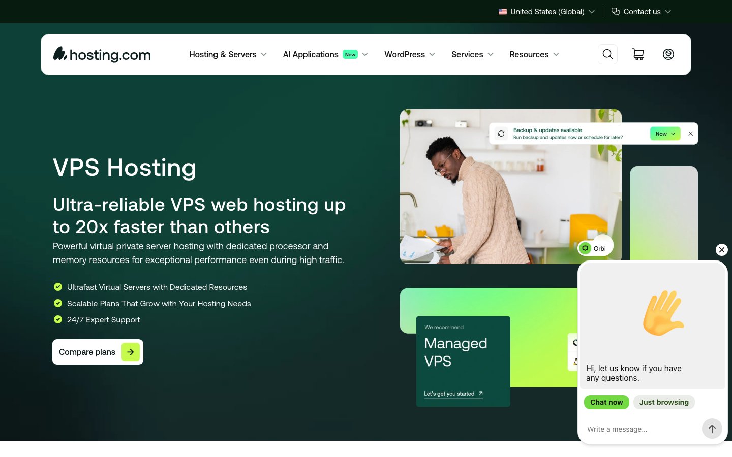 Hosting.com public page captured in a desktop browser