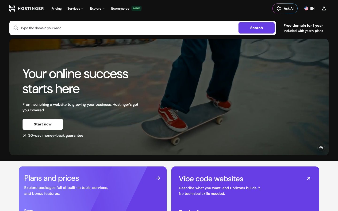 Hostinger public homepage hero captured in a desktop browser