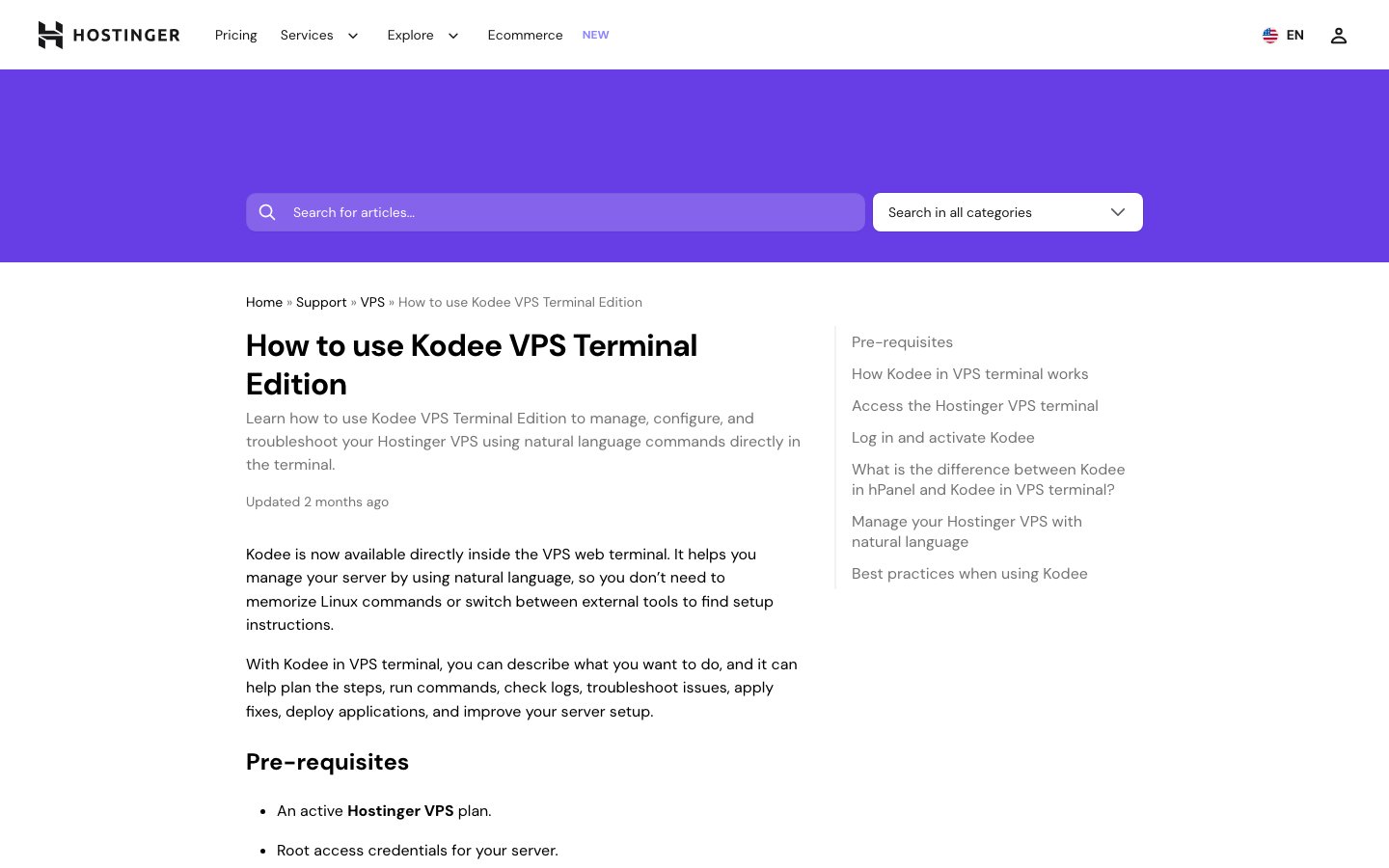 Hostinger Kodee VPS Terminal Edition support page in a desktop browser
