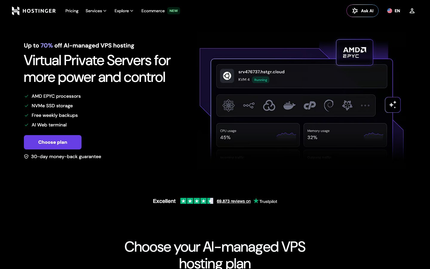 Hostinger VPS pricing page showing KVM hosting cards