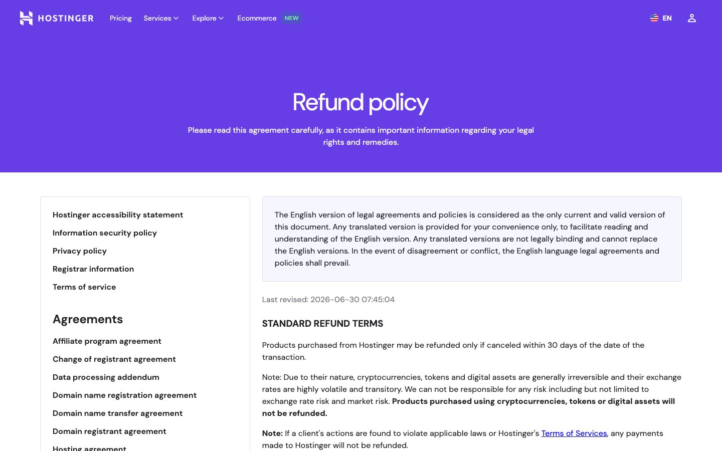 Hostinger refund policy page in a desktop browser