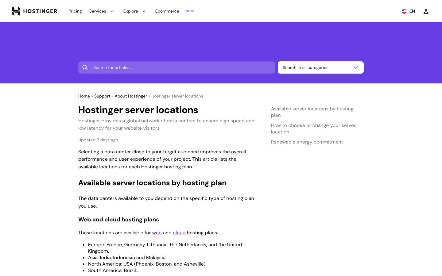 Hostinger server locations support page in a desktop browser