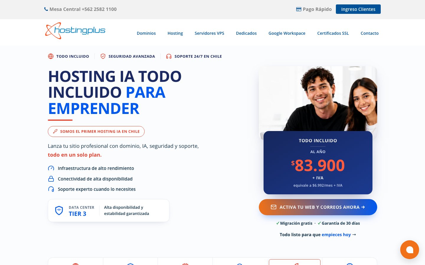 HostingPlus.cl public page captured in a desktop browser