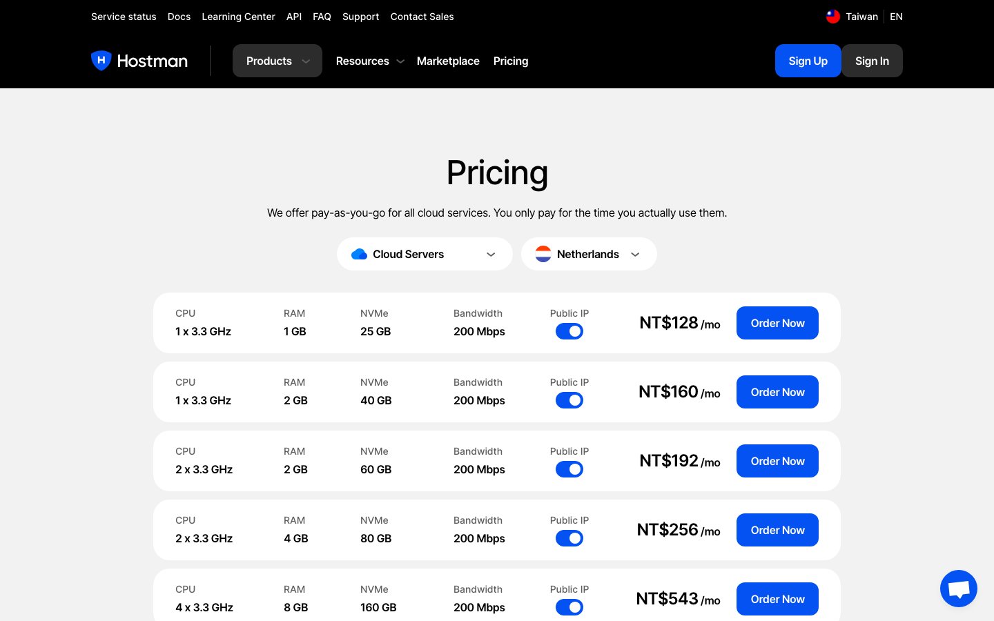 Hostman public page captured in a desktop browser