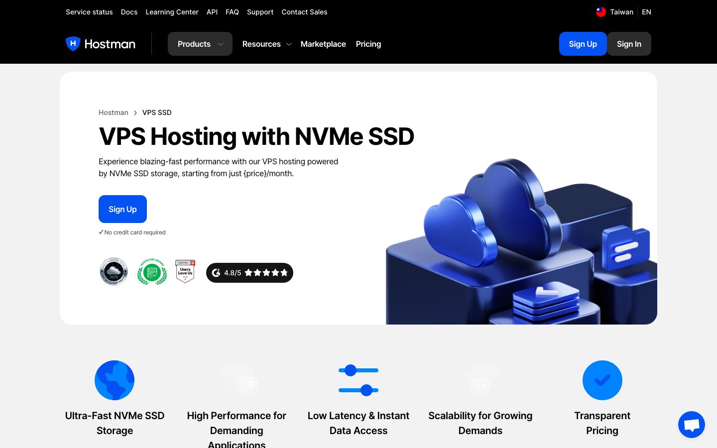 Hostman public page captured in a desktop browser