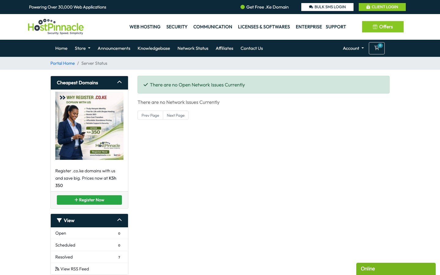 HostPinnacle Kenya public page captured in a desktop browser