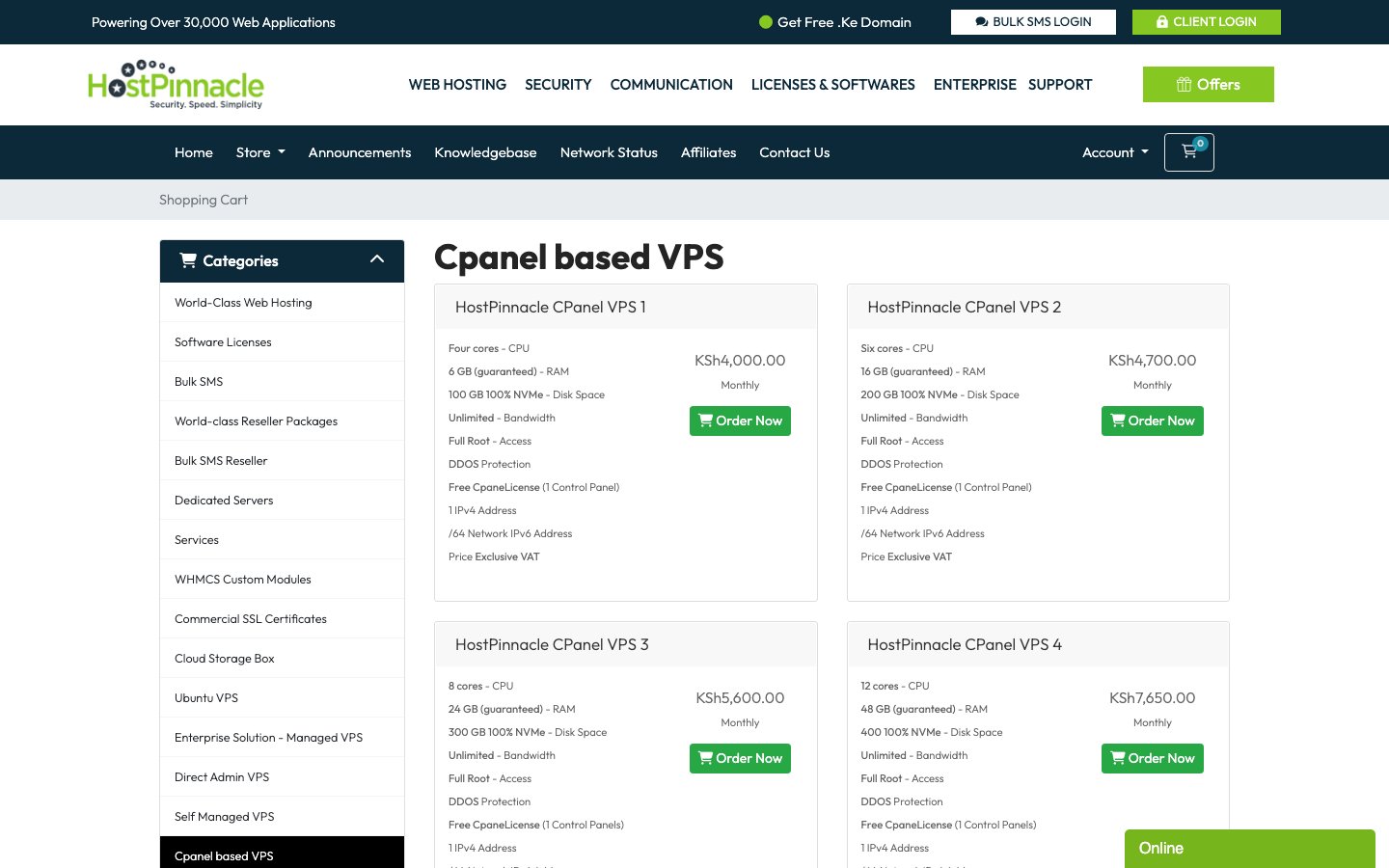 HostPinnacle Kenya public page captured in a desktop browser