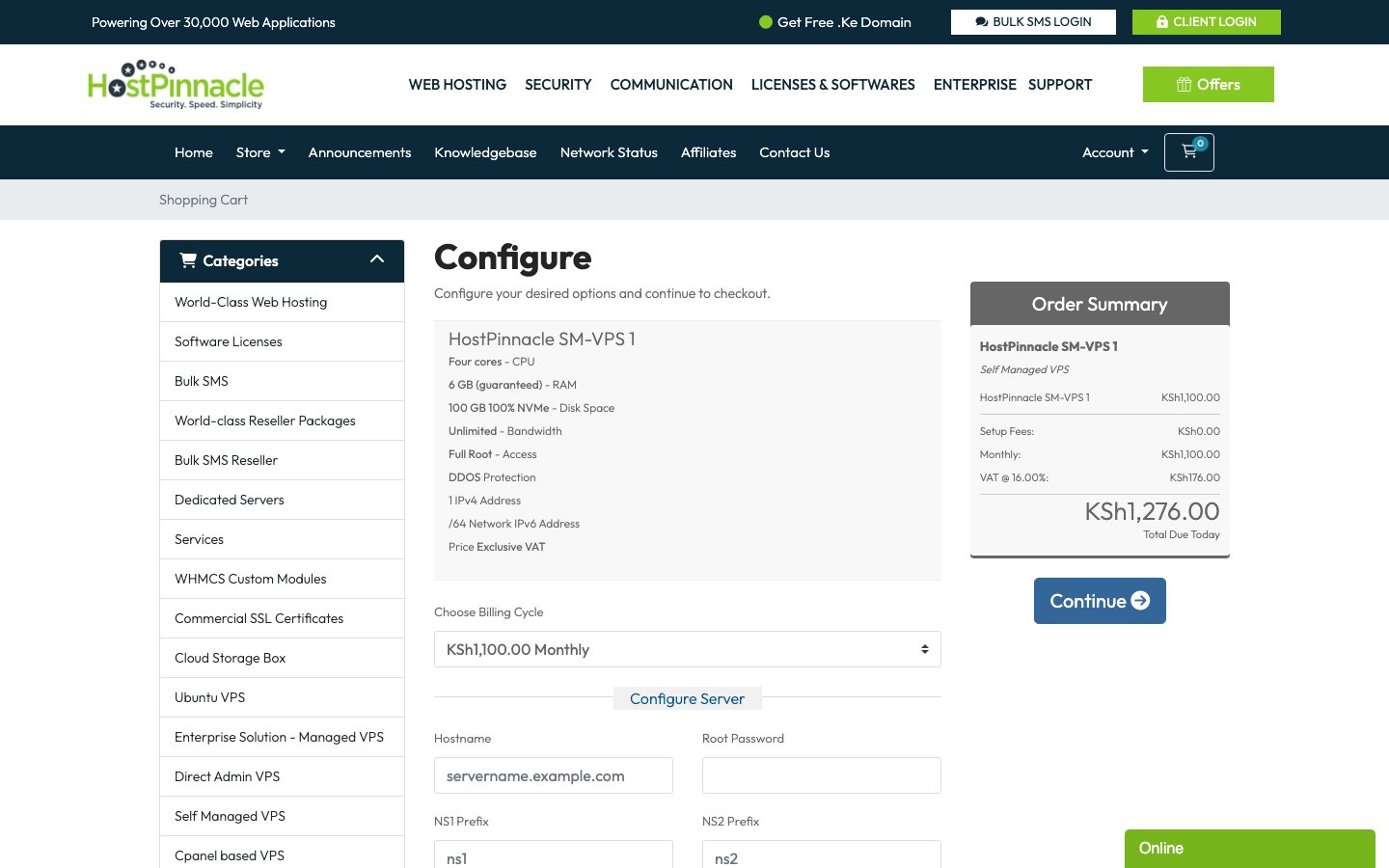 HostPinnacle Kenya public page captured in a desktop browser