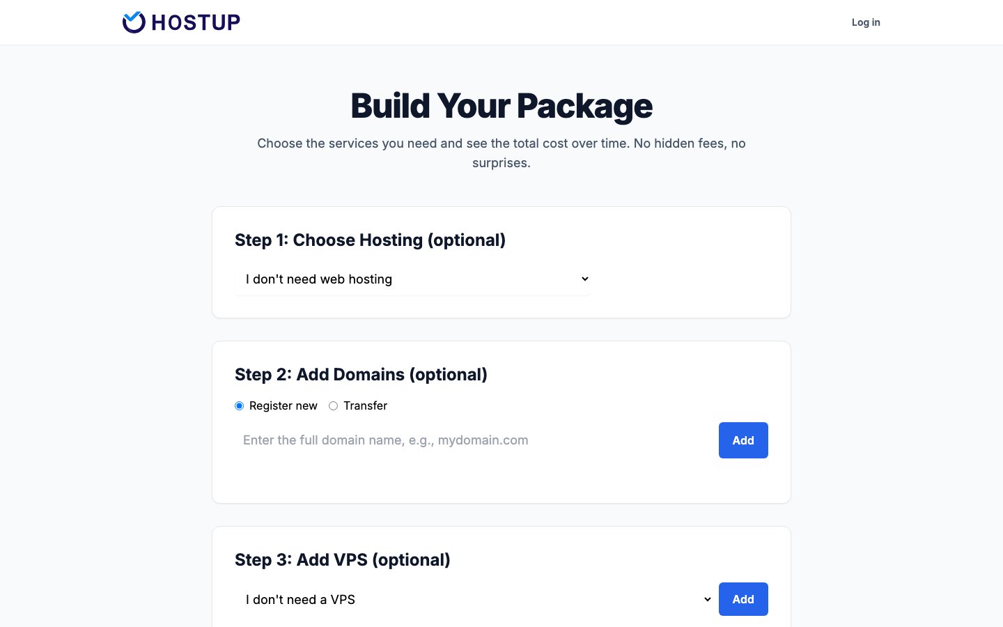 HostUp public page captured in a desktop browser