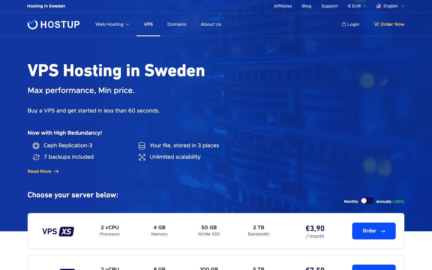 HostUp public page captured in a desktop browser