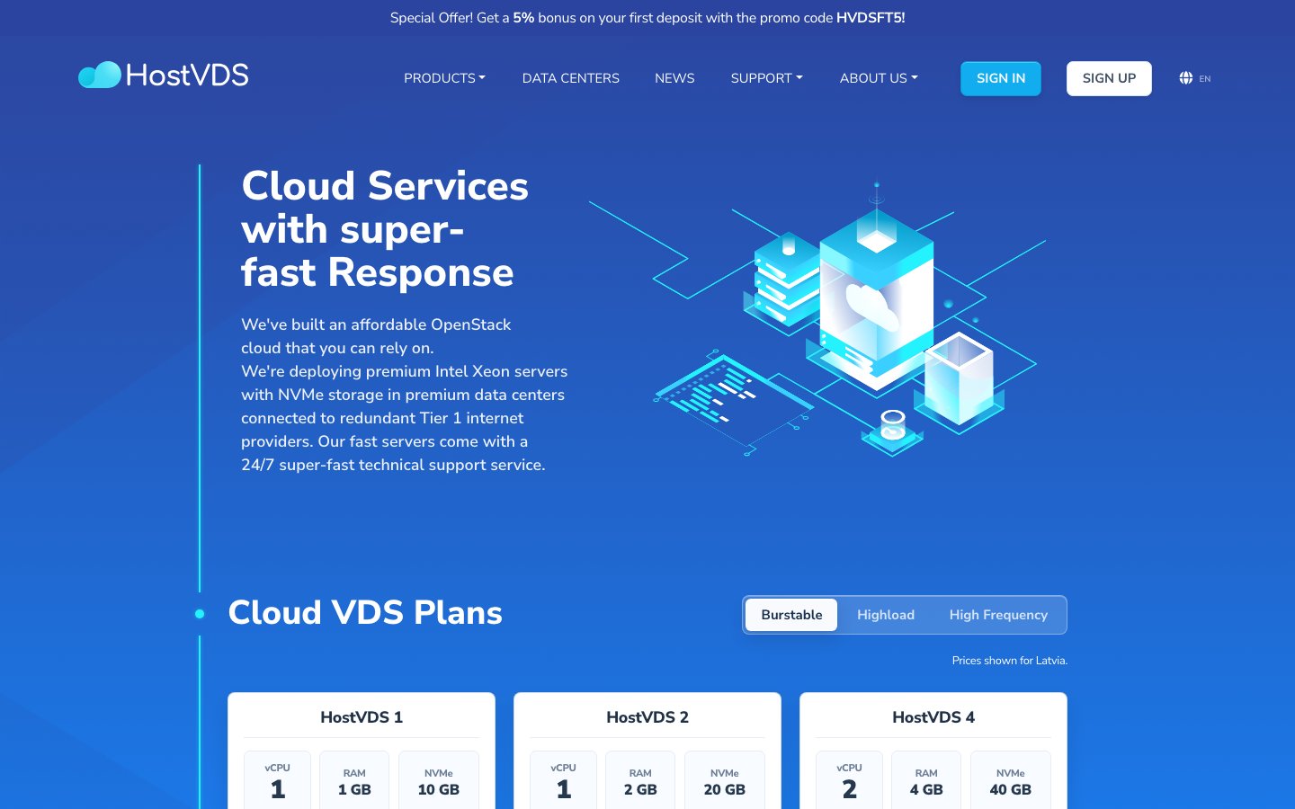 HostVDS public page captured in a desktop browser