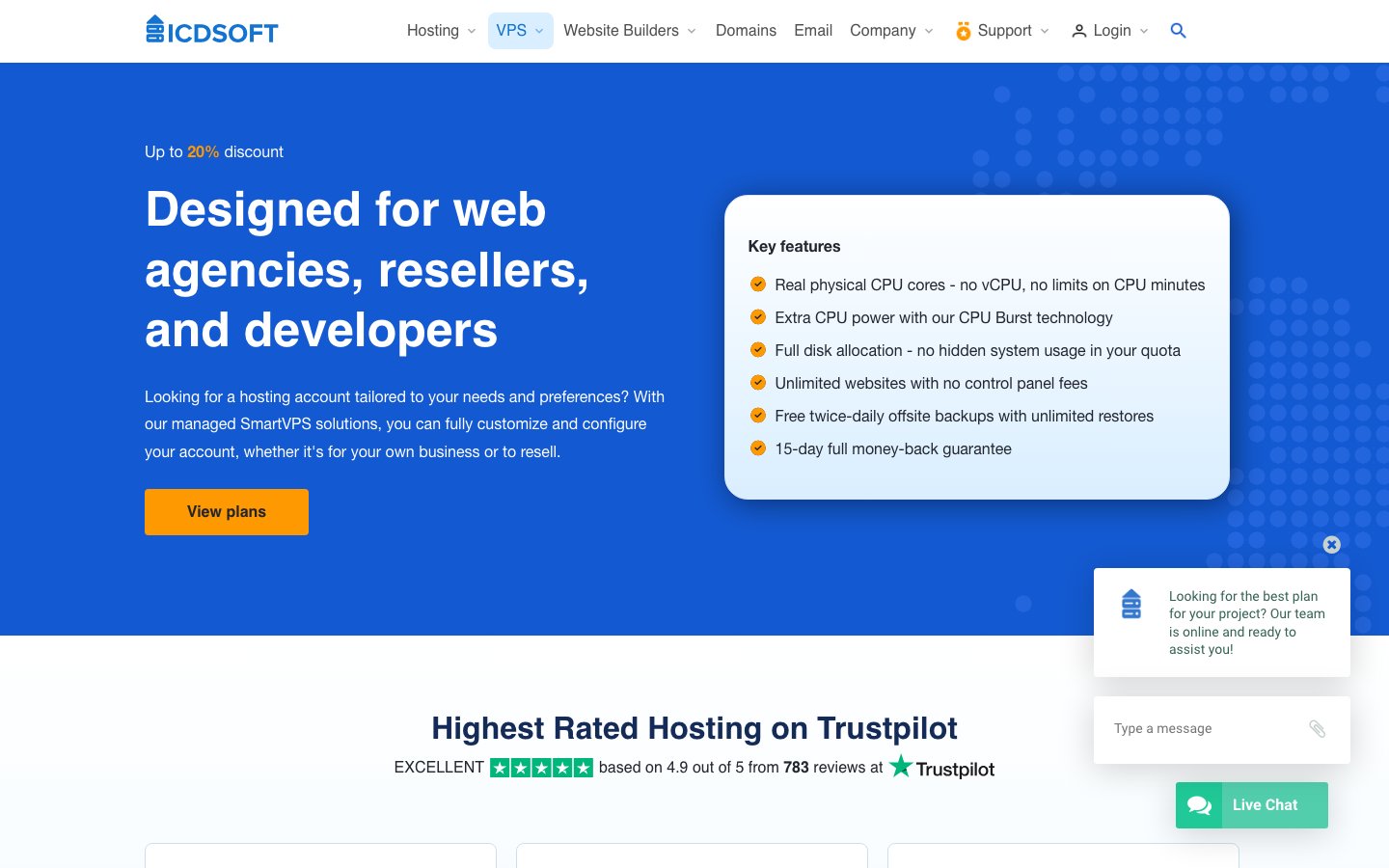 ICDSoft public page captured in a desktop browser